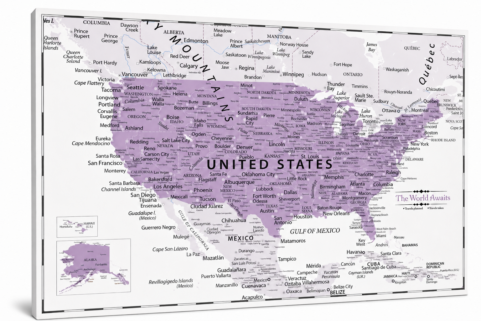 Framed purple pin map of the United States marking Purple Peptides customer cities